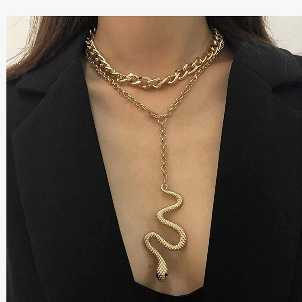 Gold Chunky Cuban Link Double Layer Snake Charm Pendant Necklace NWT - Picture 1 of 4